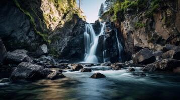 ai generiert felsig Schlucht mit Wasserfall und Blau Himmel foto