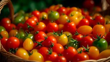 ai generiert beschwingt schließen oben präsentieren ein Korb von sortiert Kirsche Tomaten foto