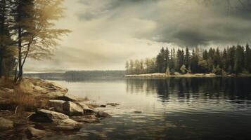 ai generiert See Landschaft Hintergrund mit Ruhe Wasser und klar Himmel foto