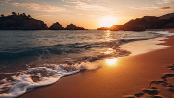 ai generiert abgelegen Strand beim Sonnenuntergang mit Wellen und Himmel foto