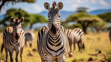 ai generiert Nahansicht von Zebras mit schwarz und Weiß Streifen foto