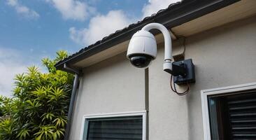 ai generiert cctv Sicherheit Kamera im Vorderseite von Haus zum Sicherheit und Sicherheit Konzept foto