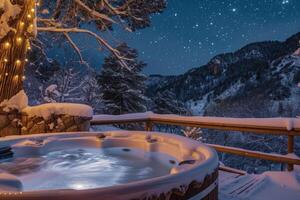 ai generiert das warm heiß Wanne lädt ein Sie zu entspannen im das schön Winter Landschaft unter das Sterne. foto