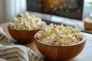 ai generiert zwei hölzern Schalen mit frisch Popcorn, auf das Hintergrund von ein Zuhause Innere mit ein Fernseher. foto