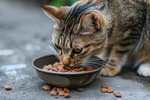 ai generiert Nahansicht von Katze Essen trocken Essen von Schüssel. foto