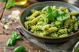 ai generiert Pasta Pesto und Erbse Soße serviert im Schüssel foto