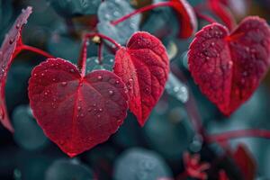 ai generiert rot Blätter mit Herz geformt wachsend im das Garten. foto