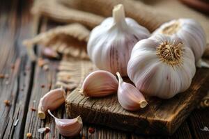 ai generiert Knoblauch ganze und geschnitten auf ein hölzern Tisch. antibakteriell, steigert Immunität. foto