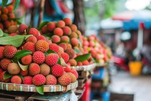 ai generiert Stapel von Litschis auf ein Markt Stall. foto