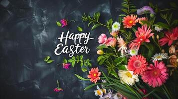 ai generiert glücklich Ostern Text mit schön bunt Blumen Strauß. foto