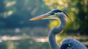 ai generiert selektiv Fokus Schuss von ein schön großartig Blau Reiher. foto