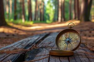 ai generiert Jahrgang Kompass auf das Log im Wald, warm Sonne Licht foto