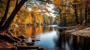 ai generiert Herbst Laub mit heiter Fluss und Sonnenlicht foto