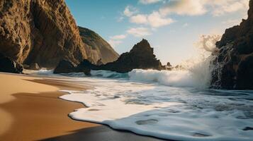 ai generiert abstürzen Wellen und robust Klippen beim ein abgelegen Strand Natur Hintergrund foto