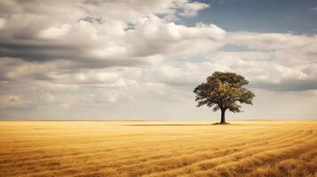 ai generiert ein einsam Baum Stehen im ein riesig Feld von reif Weizen unter ein sonnig Himmel foto
