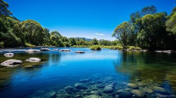 ai generiert still Fluss unter Blau Himmel im szenisch Aussicht foto