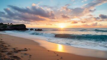 ai generiert heiter Strand beim Sonnenaufgang mit Ruhe Meer und Himmel im Natur foto