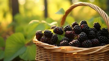 ai generiert überfüllt Körbe präsentieren ein Vielfalt von üppig und Sonne gereift Brombeeren foto