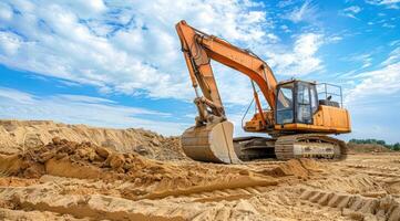 ai generiert ein Bagger im das Sand beim ein Konstruktion Seite? ˅. foto