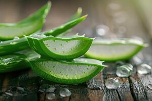 ai generiert Foto Aloe vera Scheiben mit Aloe Gel auf Holz Tisch.