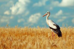 ai generiert Storch auf das Weizen Feld. Ciconia Ciconia. foto