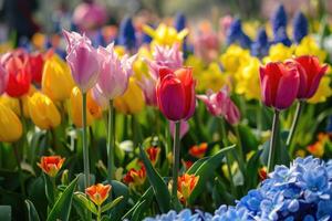 ai generiert bunt Tulpen, Narzisse, Hyazinthen, Lilie, Hortensien, Blumen im Frühling Park. foto