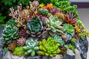 ai generiert Sorten von anders Sukkulenten Pflanzen im ein Garten. foto