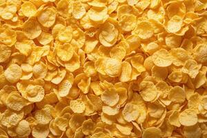 ai generiert golden Cornflakes Hintergrund und Textur Aussicht von über Cornflakes gesund Frühstück foto