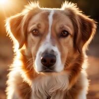 ai generiert Nahansicht von ein Hund mit ausdrucksvoll Augen, gebadet im warm, golden Sonnenlicht foto