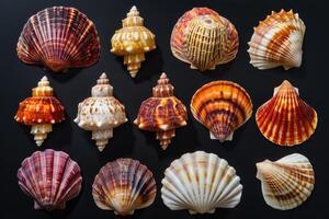 ai generiert Sammlung von verschiedene bunt Muscheln auf schwarz Hintergrund. foto