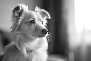 ai generiert Vorderseite Aussicht von Hund Sitzung im Zuhause suchen beim Kamera. foto