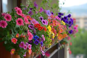 ai generiert bunt Blumen wachsend im Töpfe auf das Balkon. foto