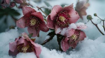 ai generiert Helleborus Blumen mit Schnee im Garten, Nieswurz Winter Rose blüht foto