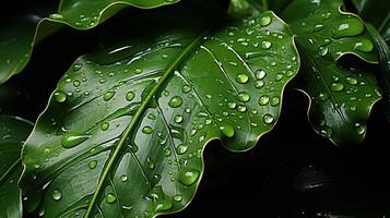 ai generiert Regentropfen auf ein Blatt Makro Fotografie Erfassen Regentropfen auf ein Blatt, präsentieren das Weg Wasser Perlen oben und spiegelt Licht foto