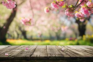 ai generiert leeren hölzern Tabelle im Sakura Blume Park mit Garten Bokeh Hintergrund mit ein Land draussen Thema, Vorlage spotten oben zum Anzeige von Produkt foto