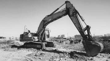 ai generiert ein Bagger im das Sand beim ein Konstruktion Seite? ˅. foto