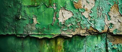 ai generiert Nahansicht Bild von geknackt und Peeling Grün Farbe Aufschlussreich das texturiert Beton Oberfläche unter foto