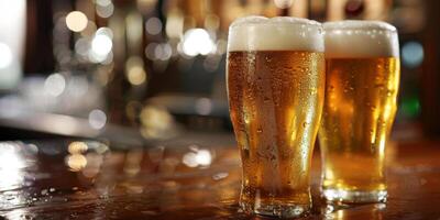 ai generiert diese Foto erfasst ein gemütlich Taverne Szene mit zwei Brille von Bier platziert auf oben von ein hölzern Bar Zähler