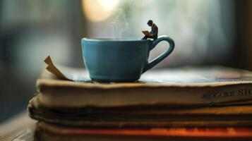 ai generiert ein Miniatur Mann Sitzung auf oben von Bücher lesen mit Kaffee Tasse foto