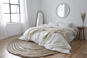 ai generiert stilvoll Schlafzimmer Innere mit Weiß Wände und hölzern Boden, mit das Bett im das Stil von skandinavisch Design. minimalistisch Zuhause Dekor Konzept foto