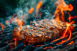 ai generiert ein saftig Rib-Eye Steak Köche zu Perfektion auf ein flammend Grill, es ist Oberfläche angebraten mit Grill Markierungen wie Rauch Wellen hoch, Erfassen das Wesen von Grill foto