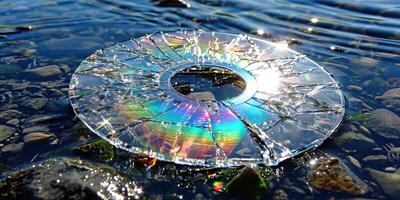 ai generiert ein gebrochen CD Lügen unter Kieselsteine auf das Ufer, es ist Oberfläche reflektieren das Sonnenlicht im ein Spektrum von Farben gegen das Wasser foto