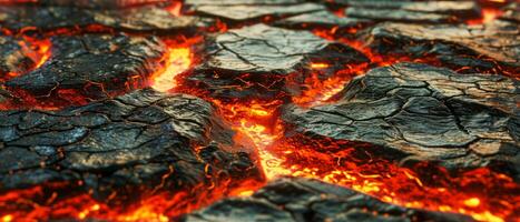 ai generiert Nahansicht Aussicht von beschwingt geschmolzen Lava fließen präsentieren das dynamisch Texturen und heftig Hitze foto