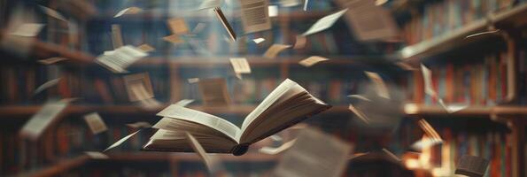 ai generiert ein Buch mit öffnen Seiten fliegend im das Luft umgeben durch andere Bücher. foto