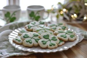 ai generiert st Patrick's Tag thematisch Kekse mit Kleeblatt Entwürfe, auf ein Tabelle Rahmen zum ein st Patrick's Tag Party. foto