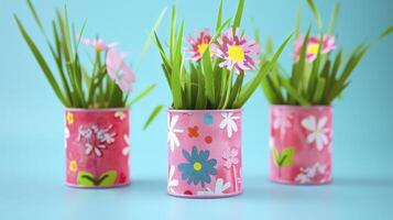 ai generiert Frühlingsthema Papier Pflanzgefäße mit Gras und Blumen. foto