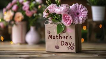 ai generiert Geschenk Box mit das Text Mütter Tag foto