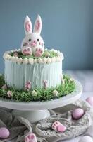 ai generiert ein süß Ostern Hase Kuchen mit Grün Gras foto