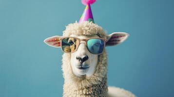 ai generiert Schaf tragen ein Party Hut und Sonnenbrille isoliert auf Blau Hintergrund foto