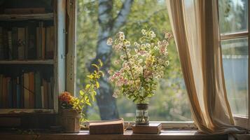 ai generiert das öffnen Fenster von das Hütte mit Blumen und Bücher auf es übersieht Grün Bäume außen. foto